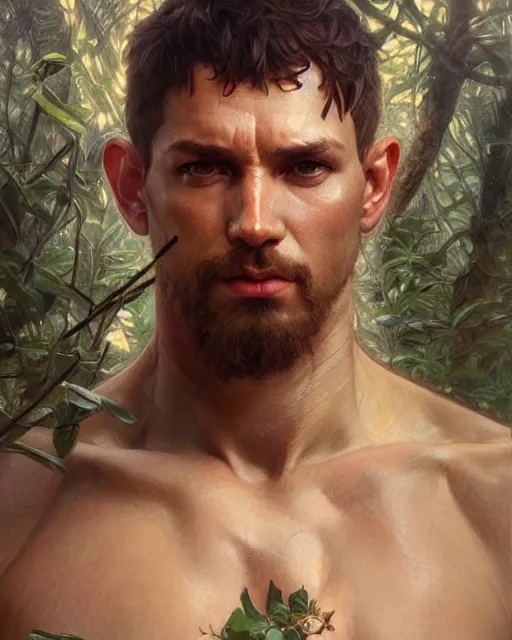 Image similar to god of the forest, male, detailed face, muscular, intricate, highly detailed, digital painting, artstation, concept art, sharp focus, illustration, art by greg rutkowski and alphonse mucha