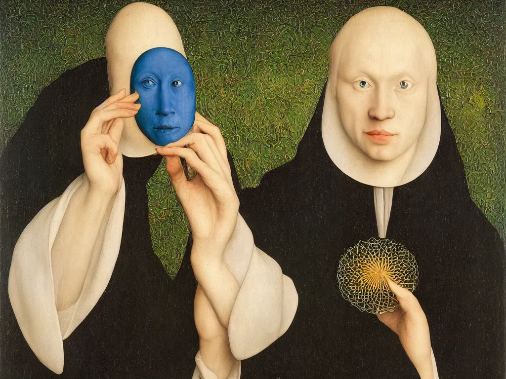 Image similar to Portrait of albino mystic with blue eyes, with exotic beautiful diatom. Painting by Jan van Eyck, Audubon, Rene Magritte, Agnes Pelton, Max Ernst, Walton Ford