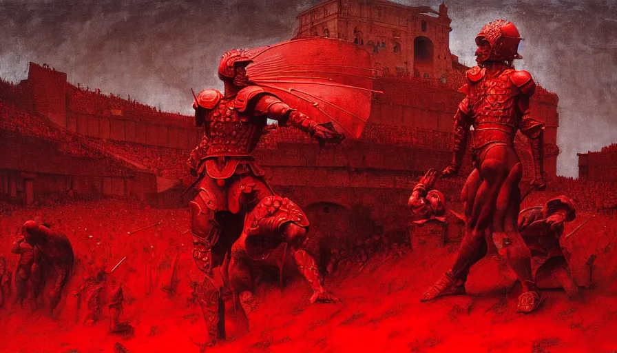 Image similar to only with red, a lightly armored gladiator in a crowded roman amphitheatre, crowd cheering, in the style of beksinski and edward hopper and rodcenko and yue minjun and cory loftis, intricate and epic composition, red by caravaggio, highly detailed, masterpiece, red light, artstation, art nouveau