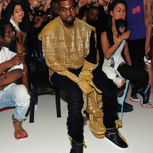 Prompt: kanye west gets ready to perform at a packed concert show in his dressing room looking in the mirror, wearing lots of gold chains, high fashion outfit, kanye looks at himself in the mirror as he mentally prepares to perform with his spiderman costume draped over his dressing room chair. kanye west is miles morales.