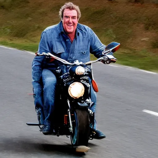 Prompt: jeremy clarkson riding a motorcycle smiling, hyper realistic, photorealistic