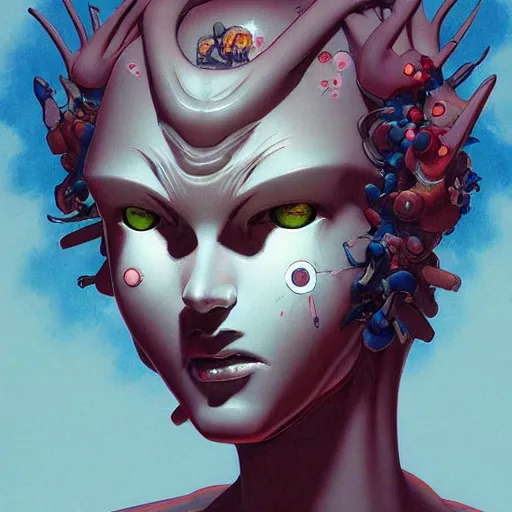 Image similar to prompt : wierd character portrait soft light painted by james jean and katsuhiro otomo and erik jones, inspired by evangeleon anime, smooth face feature, intricate oil painting, high detail illustration, sharp high detail, manga and anime 1 9 9 9