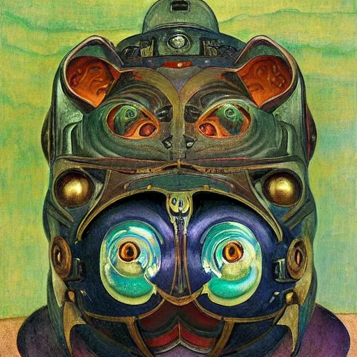 Prompt: beautiful ornate mechanical robot cat head, by annie swynnerton and diego rivera and nicholas roerich and jean delville, symbolist, dramatic lighting, god rays, elaborate geometric ornament, art brut, colors are soft greens and blues and purple, smooth, sharp focus, extremely detailed, adolf wolfli and ( donato giancola )