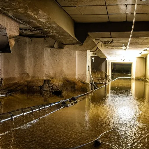 Prompt: deep underground bunker, flooded, dirty water, dense rusty pipes network, dense cables network, mold