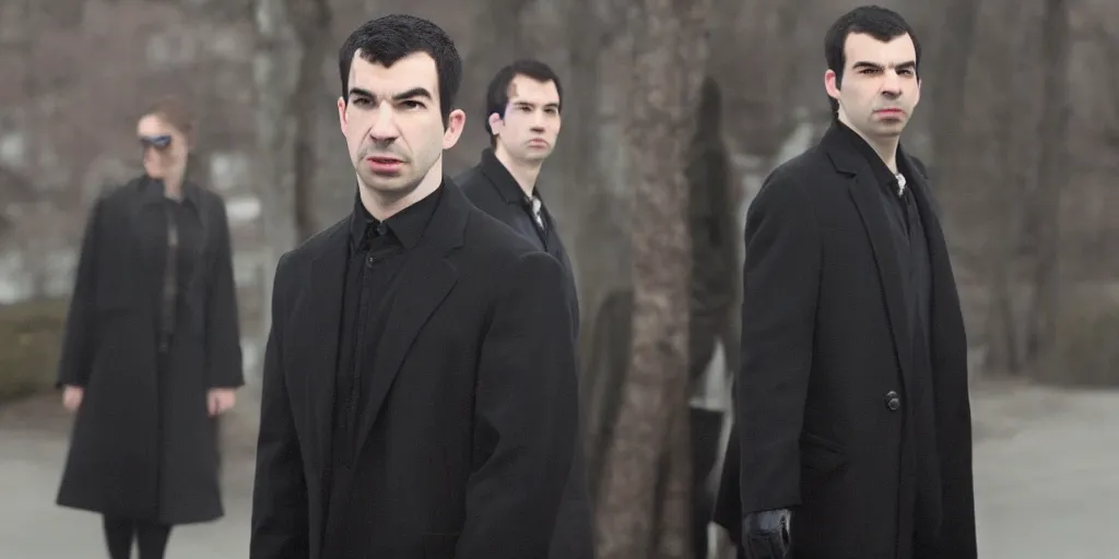 Image similar to nathan fielder dodging a bullet in the matrix, wearing a cool black coat, ultrarealistic, 4 k