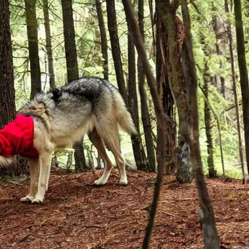 Prompt: a ninja timber wolf stalks [ a blonde teenage girl wearing a red hoodie ] in the forest