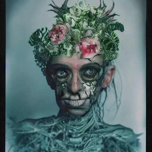 Image similar to a beautiful detailed front view portrait of a rotten woman corpse with fractal plants and fractal flowers growing around, volumetric light, beautiful lit, polaroid photography