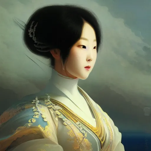 Prompt: close-up portrait of a beautiful Korean Luxurious Goddess wearing an elegant futuristic tsunami outfit posing dramatically in the art style of Aivazovsky, rule of thirds, fair complexity, 4k quality