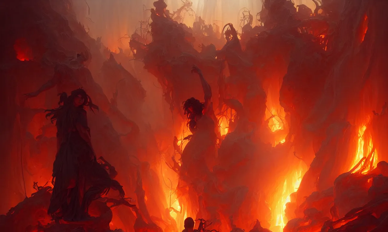 Image similar to Purgatory, fire in hell, highly detailed, digital painting, artstation, concept art, smooth, sharp focus, illustration, art by artgerm and greg rutkowski and alphonse mucha