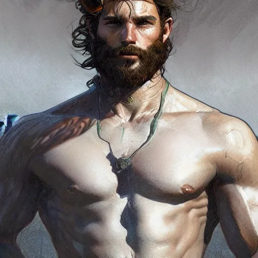 Image similar to portrait of a young rugged ranger, muscular, upper body, hairy torso, D&D, fantasy, intricate, cinematic lighting, highly detailed, digital painting, artstation, concept art, smooth, sharp focus, illustration, art by Artgerm and Greg Rutkowski and Alphonse Mucha