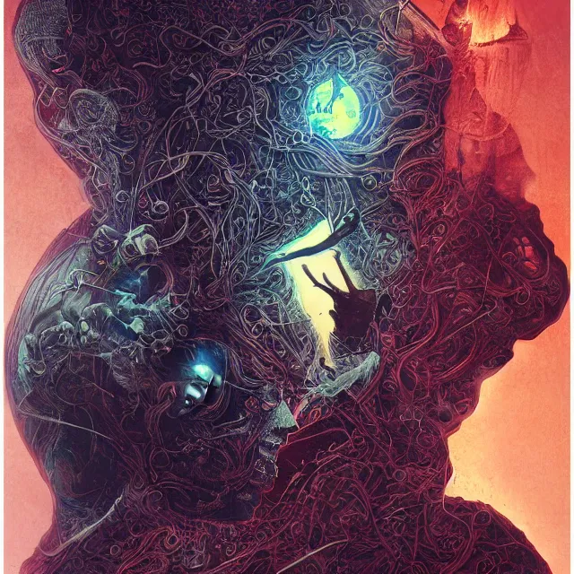 Image similar to a wandering mind, intrusive thoughts, grotesque, horror, high details, intricate details, by vincent di fate, artgerm julie bell beeple, inking, vintage 9 0 s print, screen print