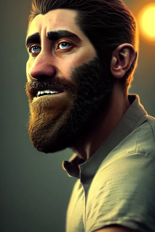 Image similar to portrait of jake gyllenhaal rendered in unreal engine 5, by wlop, greg rutkowski, and peter mohrbacher, 3 d, extremely detailed shading, concept art, character design, trending on artstation, unreal engine 5, octane render, atmosphere, glow, cinematic lighting, full of color