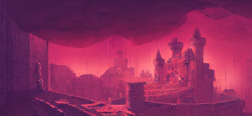 Image similar to handmade illustration of sieged small medieval castle, line art, octane render with volumetric lighting, watercolor by Kilian Eng and by Jake Parker,, futurisitic boxing gym weight room in bladerunner dystopia future, neon radioactive swamp