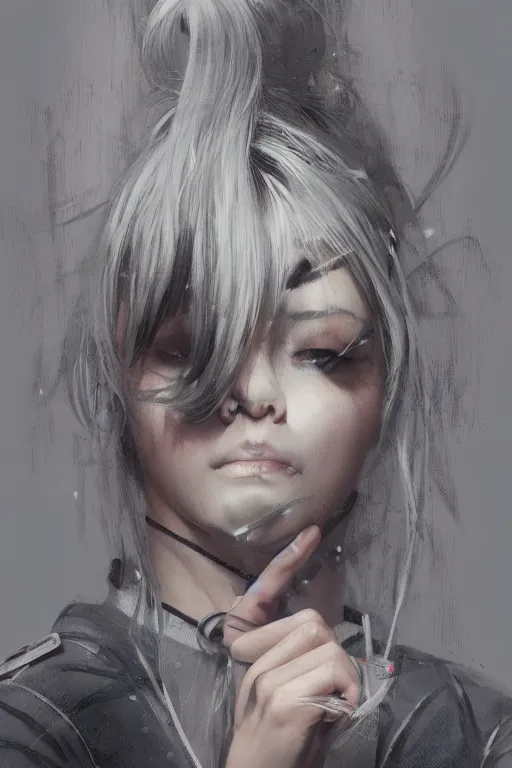 Prompt: girl, silver hair ponytail, multicam (((camo))), posing, (((trending on artstation))), beautiful face, cinematic full body shot, ilustration by Takehiko Inoue ((and Yoann Lossel))