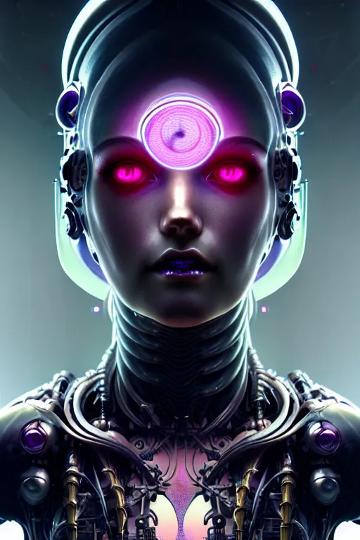 Image similar to ultra detailed female android deity, cyborg humanoid, gothic, ethereal, flowerpunk, scifi, fantasy, cyberpunk, octane render, megalopolis, unreal engine, asymmetrical!!! intricate concept art, triadic color, art by artgerm and wlop and giger and greg rutkowski and alphonse mucha, 8 k