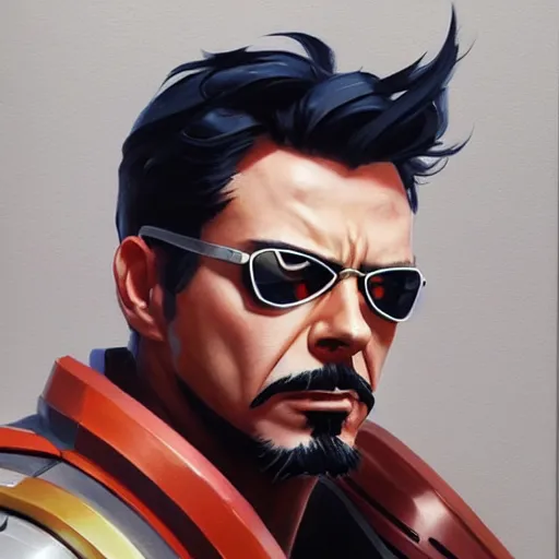 Image similar to greg manchess portrait painting of tony stark as overwatch character, totally whack, medium shot, asymmetrical, profile picture, organic painting, sunny day, matte painting, bold shapes, hard edges, street art, trending on artstation, by huang guangjian and gil elvgren and sachin teng