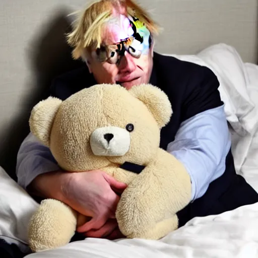 Prompt: boris johnson tucked in bed cuddling a teddy