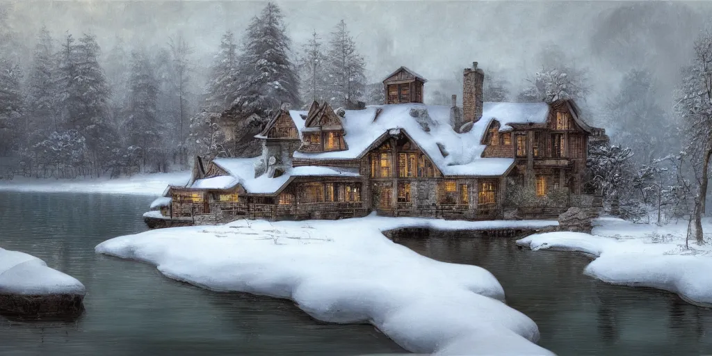 Prompt: an oil painting of a lakehouse in winter, masterpiece, highly detailed, high quality, 4 k, anatomically correct, hyperrealistic, concept art, octane render, unreal engine 5, trending on artstation, trending on deviantart, matte, historical painting, fantasy style, path traced, high coherence, soft lighting, digital painting, mythical, by leonardo da vinci