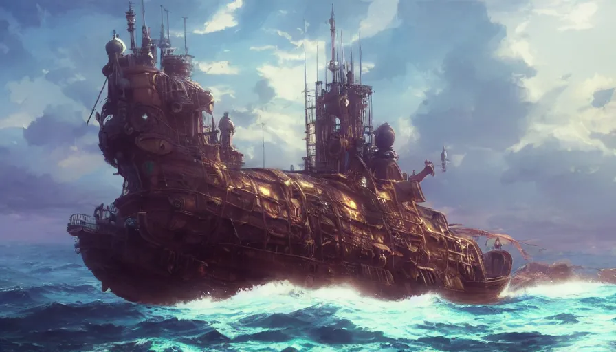 Image similar to A highly detailed matte painting of huge steampunk boat in the ocean, by Studio Ghibli, Makoto Shinkai, by Artgerm, by WLOP, by Greg Rutkowski, volumetric lighting, octane render, 4K resolution, trending on artstation, masterpiece