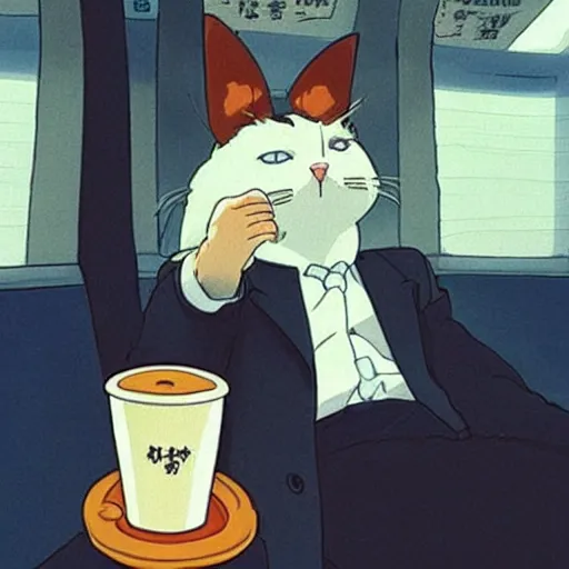 Image similar to “ unhappy cat wearing a suit holding coffee riding the subway, studio ghibli, spirited away, anime, by hayao miyazaki ”