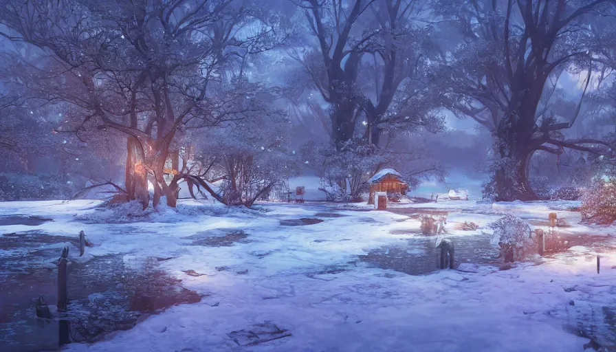 Image similar to a beautiful winter wonderland with a pond, beautiful ancient trees, hiding large treasure chest, serene evening atmosphere, soft lens, soft light, cel - shading, animation, in the style of cgsociety, deviantart, artstation, zbrush, cinema 4 d, studio ghibli, akihiko yoshida, atelier lulua, masamune shirow