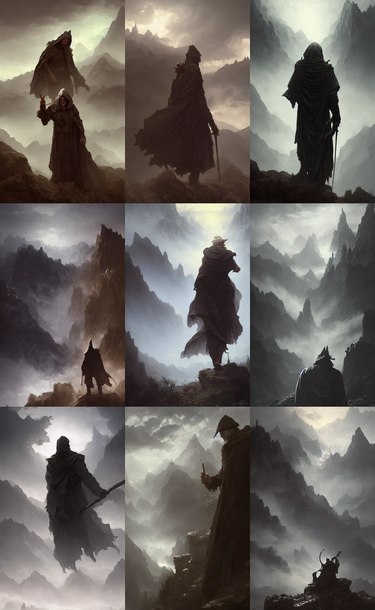 Prompt: old male warlock, ghost, mountains, dark fantasy, fog, clouds, rain, wind, intricate, highly detailed, artstation, illustration, jurgens, rutkowski, bouguereau