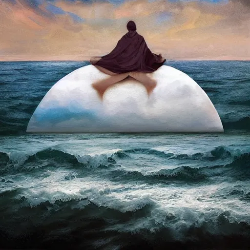 Prompt: ominous bedsheet ghost floating above the ocean, oil painting, brush strokes, gloomy foggy atmosphere, symmetrical, full body image, highly ornate intricate details,