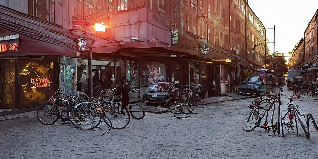 Prompt: Hordes of The walking dead on a Dusk City Street in Stockholm, Sweden, Intersection, Storefront, alleyway, beer advertisement, bicycle in background, chairs, table, city street lights, clumps of cables, abandoned cars, smoke, colored light, colorful umbrella, convenience store, dusk sky, dingy city street, exiting store, getting groceries, hilly road, Swedish writing, looking down street, moped, raining, smoking outside, tan suit, wet road, wet street, white shoes, wires hanging above street, wires in background, very high quality photography, dusk, cinematic.