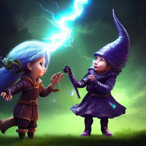 Image similar to A beautiful female gnome wizard casting a lightning spell at a monstrous black dragon::cinematic::dramatic::kinetic::photo realistic::wide angle::high detail