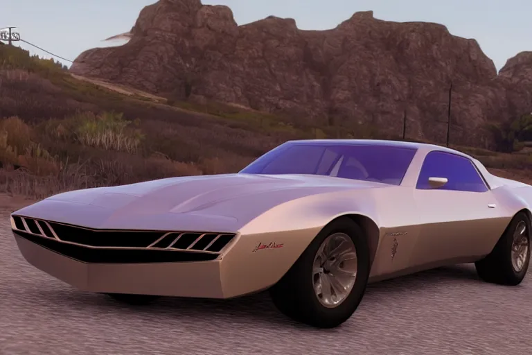 Image similar to updated sleek concept for a firebird trans am, cinematic, photoreal, by red dead redemption 2