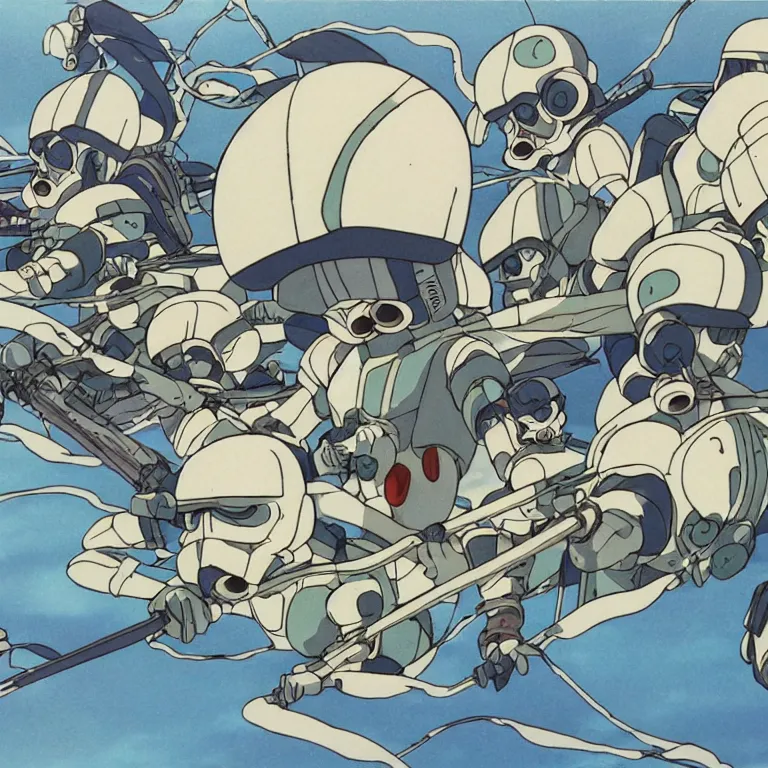 Prompt: 1 9 9 0 studio ghibli animation cel still from nausicaa of the valley of the wind of army of storm troopers