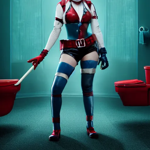Image similar to harley quinn as an old toilet cleaner 4k