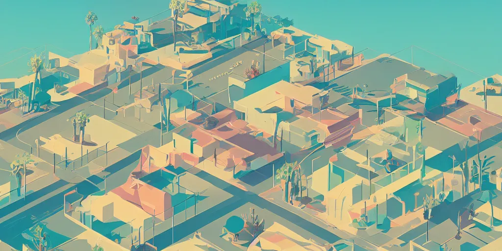 Prompt: a beautiful illustration Palm Springs by James Gilleard, Studio Ghibli, geometric lines, 8k, 4k