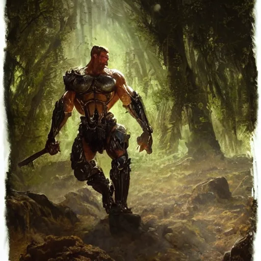 Prompt: handsome portrait of a spartan guy bodybuilder posing, radiant light, caustics, war hero, metal gear, steel bull run, lush moss surroundings, by gaston bussiere, bayard wu, greg rutkowski, giger, maxim verehin