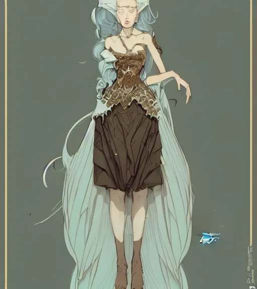 Image similar to portrait of a baroque dress design from fantasy world for dragon queen by atey ghailan, by greg rutkowski, by greg tocchini, by james gilleard, by joe fenton, by kaethe butcher, dynamic lighting, gradient light blue, brown, blonde cream and white color scheme, grunge aesthetic