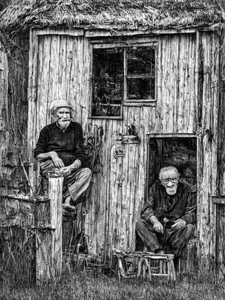 Image similar to mutated old man sitting inside his shack, digital black and white painting by oleg vdovenko chuvabak