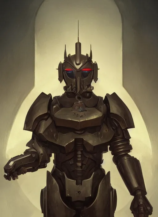 Image similar to medium-length portrait of a male paladin with short curly hair and a dark beard, dark brown skin, happy expression, wears a suit of power armor, gundam, medieval setting, highly detailed, digital painting, artstation, concept art, sharp focus, illustration, art by greg rutkowski and alphonse mucha