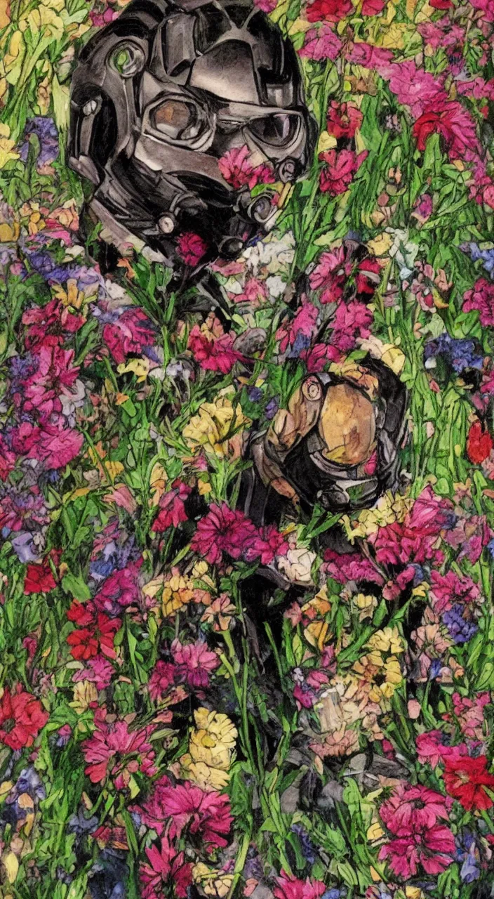 Prompt: a portrait of an antman rounded by flowers, by well renowned world artist