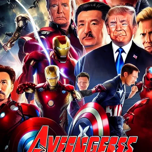 Image similar to avengers - style movie poster with faces of biden, trump, putin, xi jinping, macron, donkey, nuclear bomb in the background, cinematic, realistic, high quality