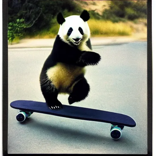 Image similar to grainy head to shoulder portrait polaroid film photograph of a panda skateboarding in california. super resolution. surreal. extremely detailed. polaroid 6 0 0 film. by annie leibovitz and richard avedon