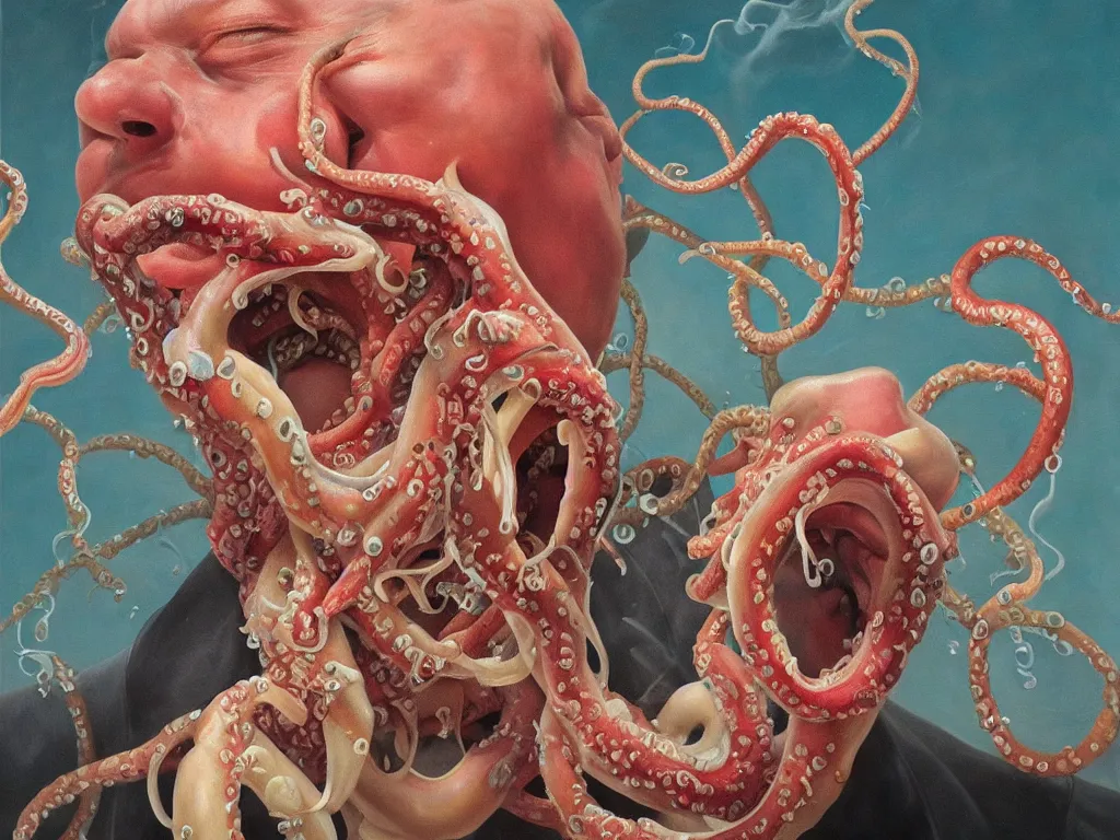 Image similar to a perfect hyperrealist painting of a man engulfed in squid, tentacles down his throat, in his mouth, coming out his eyes. fine art, gallery lighting, solemn, and exquisite