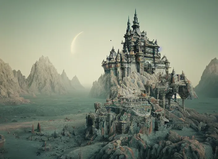 Image similar to a kingdom, a castle on the moon. intricate artwork by Tooth Wu and wlop and beeple. octane render, hyper realism, 8k