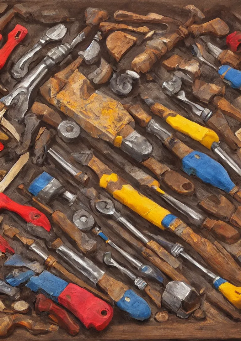 Image similar to a beautiful painting of a toolkit filled with broken hammers, photorealistic, stylized