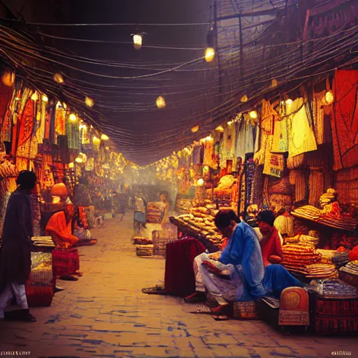 Image similar to bazaar in delhi. art by salman toor. faithfully depicted facial expression, perfect anatomy, sharp focus, global illumination, radiant light, detailed and intricate environment, trending on artstation