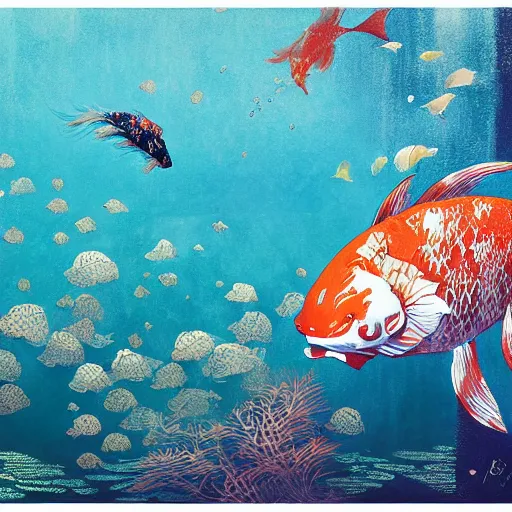 Image similar to giant koi carper in a magical underwater world, oil painting victo ngai