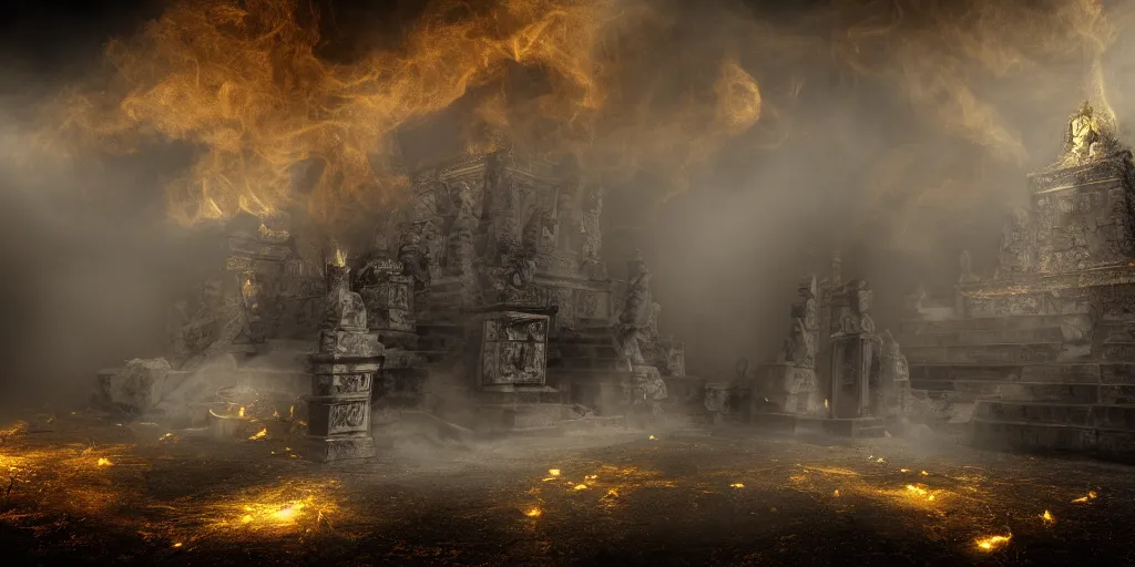 Prompt: Photo of dark temple, golden treasure, high detail, smoke, sharp, fog