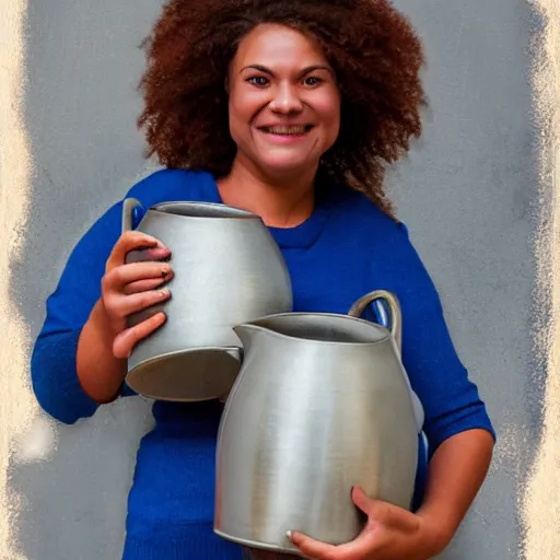 Prompt: woman holding 2 giant jugs while smiling, photorealistic, studio