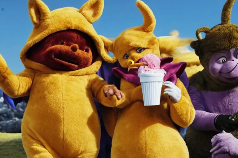 Image similar to photo, emma watson as antropomorphic furry - rat, teletubbies tinky winky, eats icecream, highly detailed, intricate details