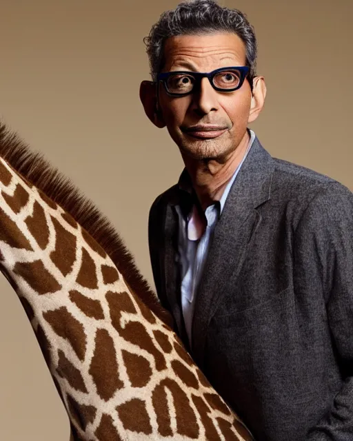 Prompt: a photo of jeff goldblum as a giraffe