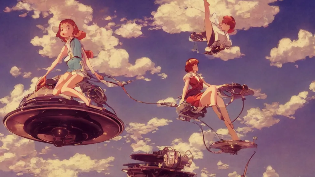 Image similar to a film still of a 1 9 5 0's mechanic anime girl sitting on top of flying ufo, finely detailed features, full body mid shot, perfect art,, trending on pixiv fanbox, painted by gaston bussiere, makoto shinkai, akihiko yoshida, gaston bussiere, craig mullins, studio ghibli